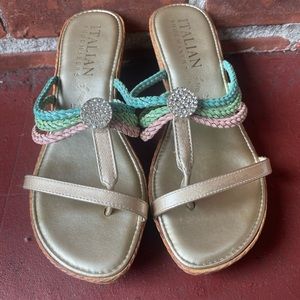 Italian Showmakers Sandals. Pastel colors w/ cork heels and diamond accents W7
